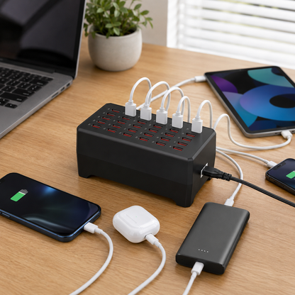 USB-hub med opladningsstation til flere enheder og design med flere porte