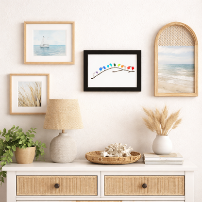 Moldura de Parede com Arte em Vidro do Mar, Pássaro e Madeira Flutuante para Decoração Costeira