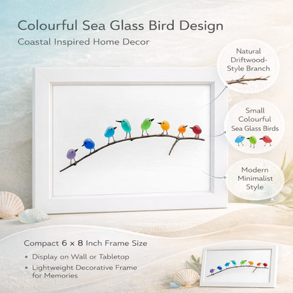 Moldura de Parede com Arte em Vidro do Mar, Pássaro e Madeira Flutuante para Decoração Costeira