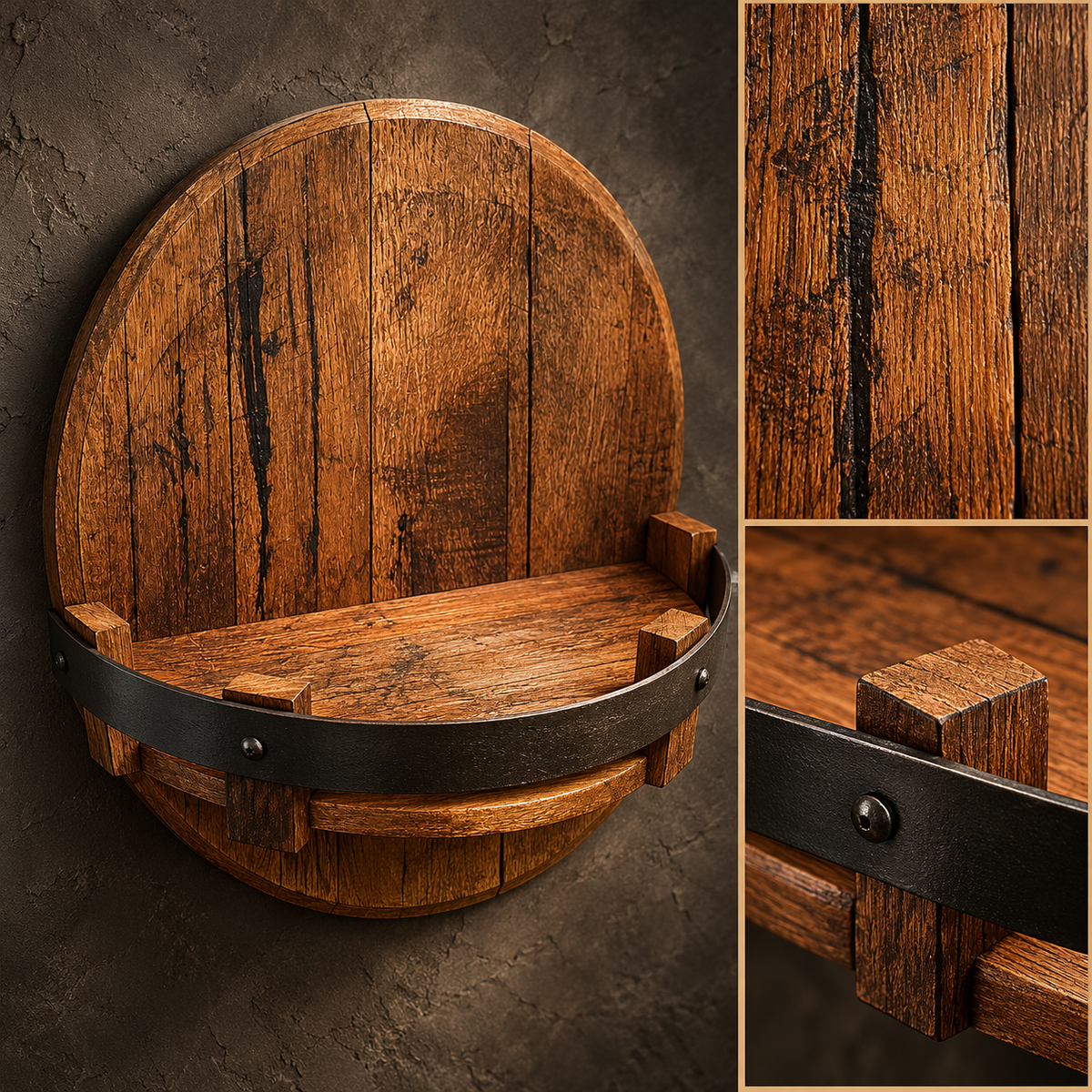 Wall Mounted Whiskey Shelf Barrel Rustic Bottle Display