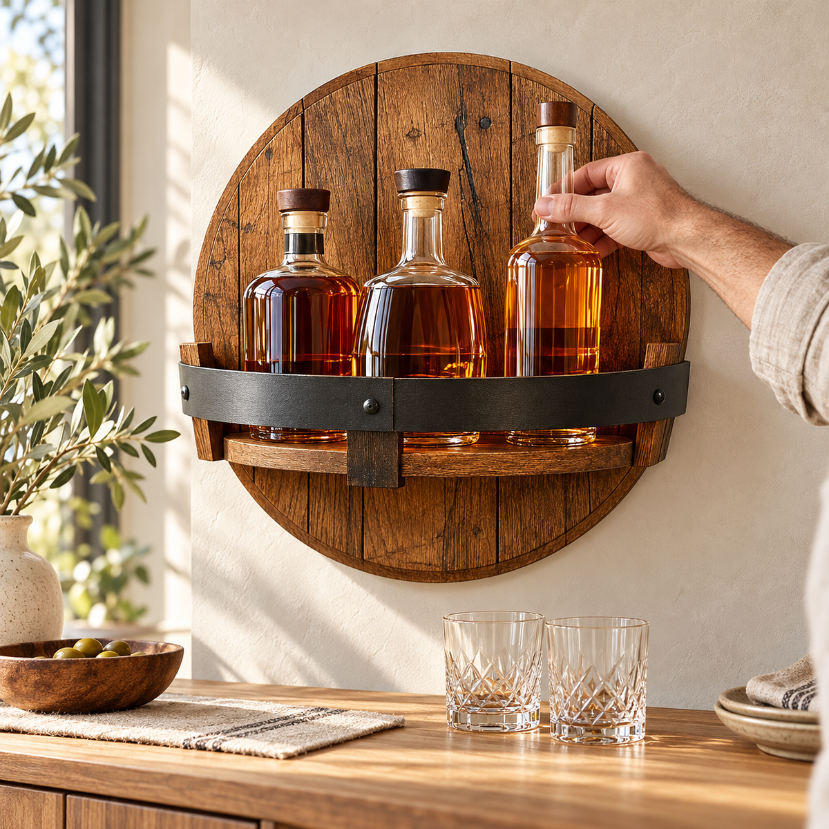 Wall Mounted Whiskey Shelf Barrel Rustic Bottle Display