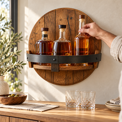 Wall Mounted Whiskey Shelf Barrel Rustic Bottle Display