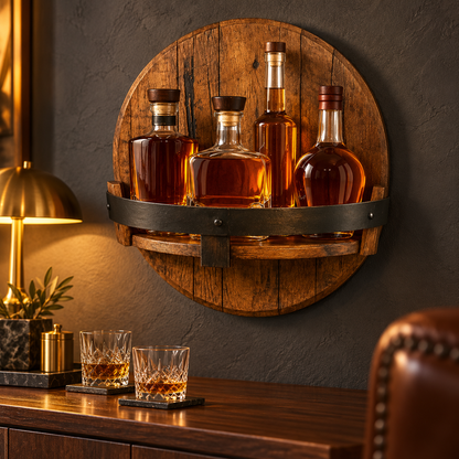 Wall Mounted Whiskey Shelf Barrel Rustic Bottle Display