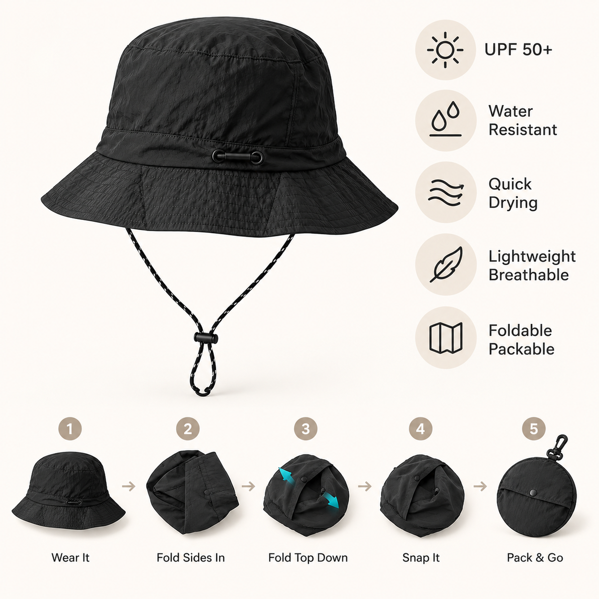 Chapéu de sol resistente à água, de secagem rápida e design dobrável