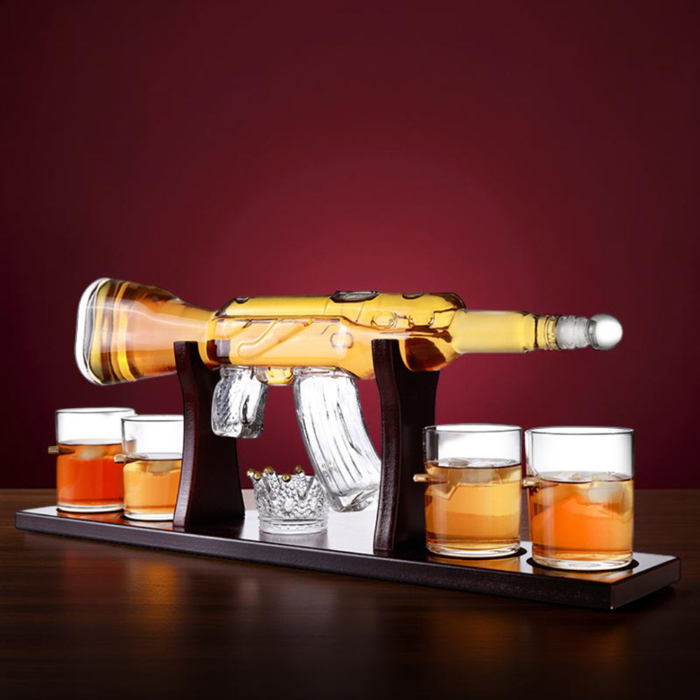 Whiskey Decanter Set Rifle Shaped Glass Bottle Stand