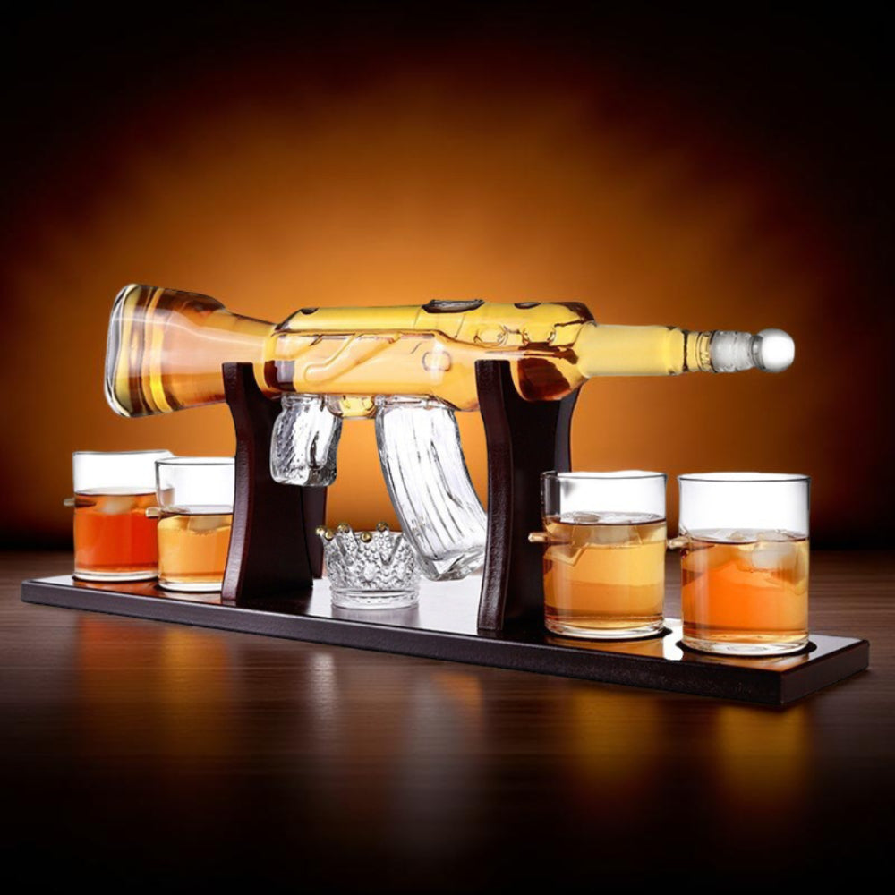 Whiskey Decanter Set Rifle Shaped Glass Bottle Stand