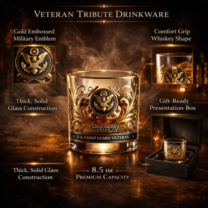 Whiskey Glass Military Veteran Gold Embossed Display Drinkware