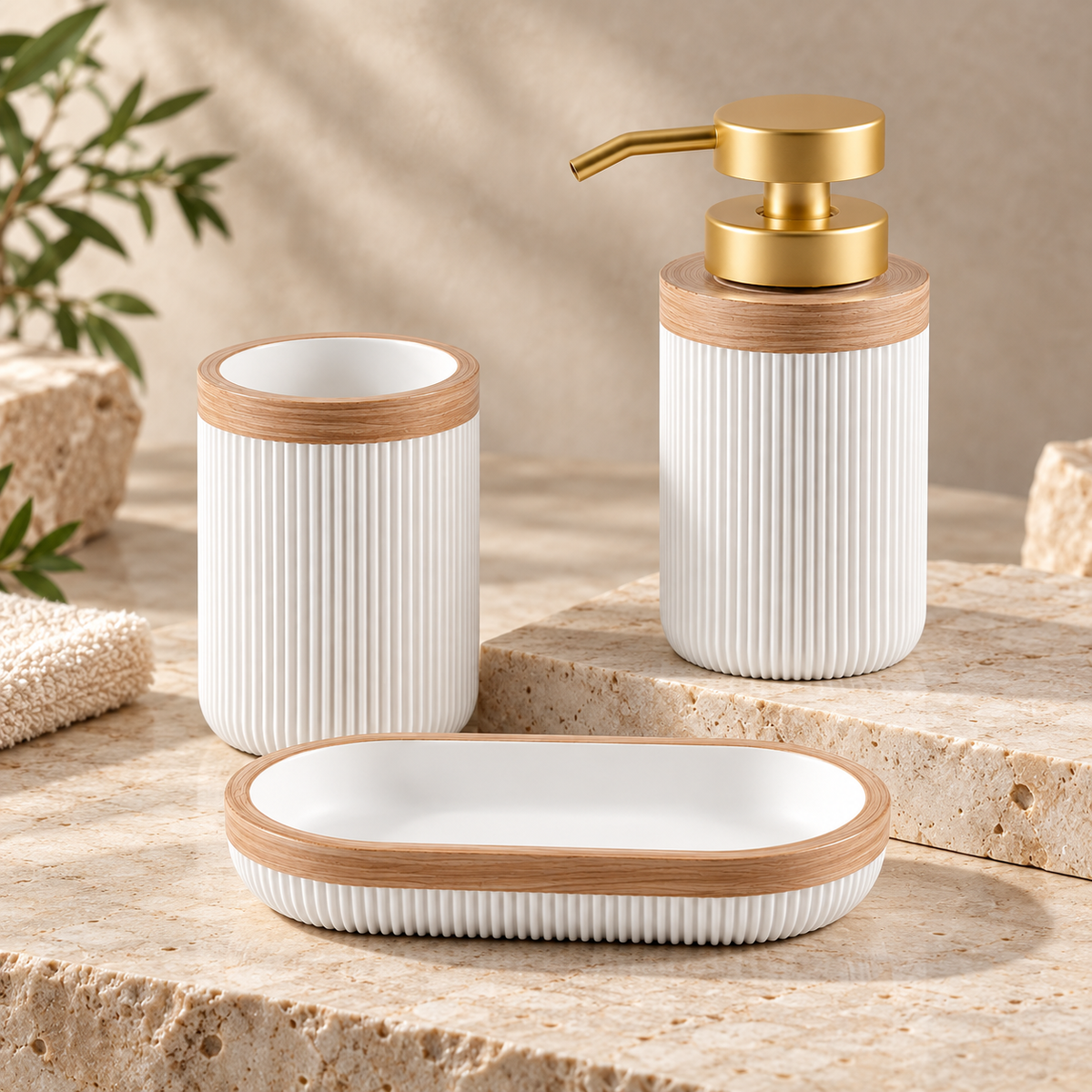 Colección de decoración elegante de accesorios de baño blancos