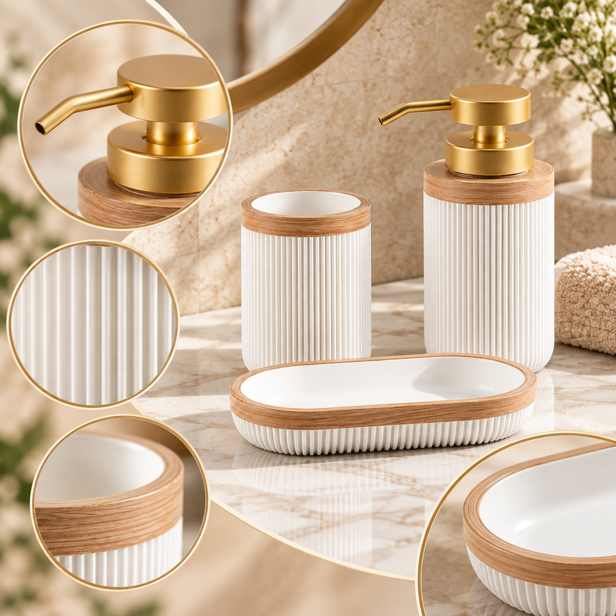 Colección de decoración elegante de accesorios de baño blancos