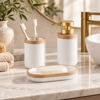 Colección de decoración elegante de accesorios de baño blancos