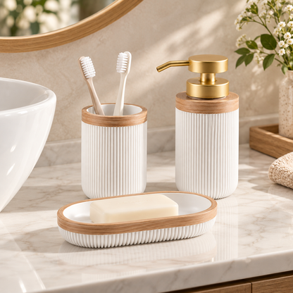 Colección de decoración elegante de accesorios de baño blancos