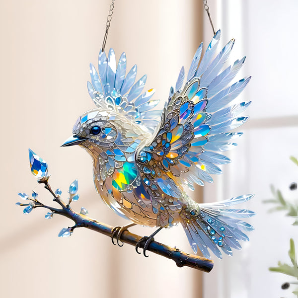 Atrapa-sol de ventana con vidriera de pájaro azul en acrílico colgante decorativo