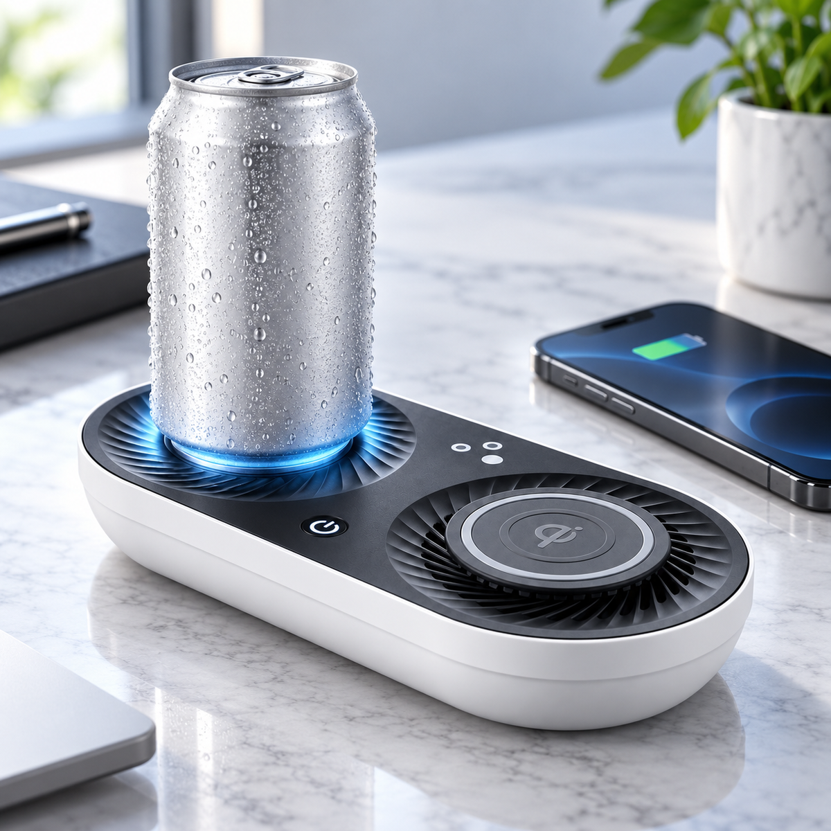 Scalda-raffredda bevande rotondo con ricarica wireless e LED