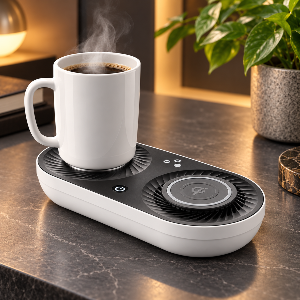 Scalda-raffredda bevande rotondo con ricarica wireless e LED