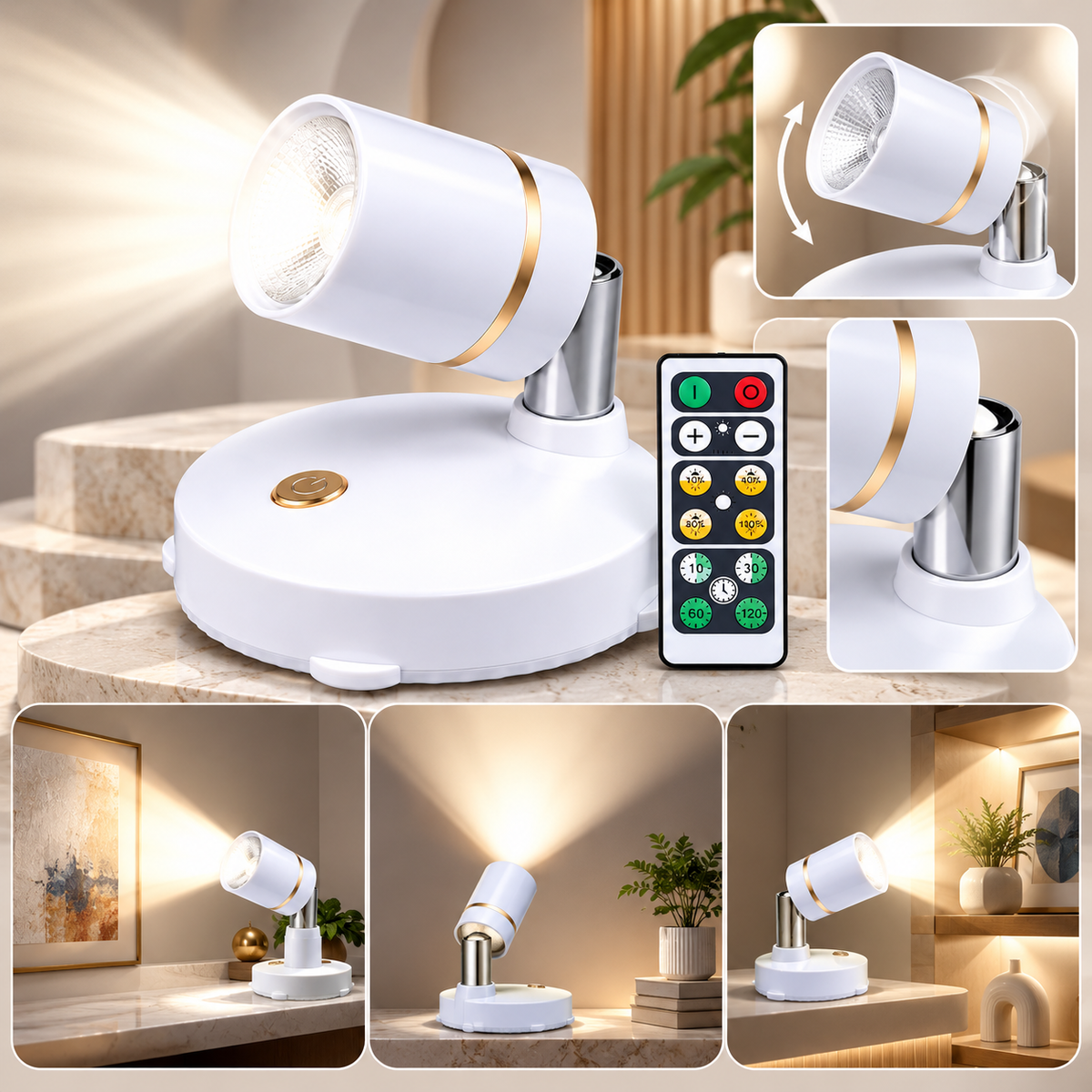 Foco inalámbrico ajustable con control remoto, LED regulable