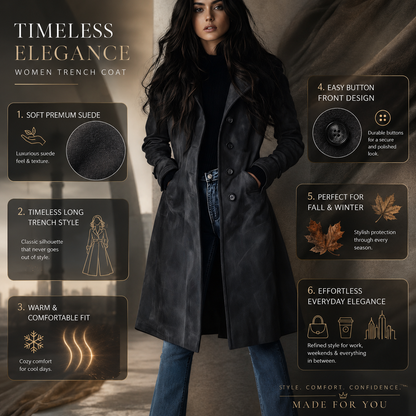 Cappotto lungo da donna in camoscio con bottoni frontali, giacca autunnale