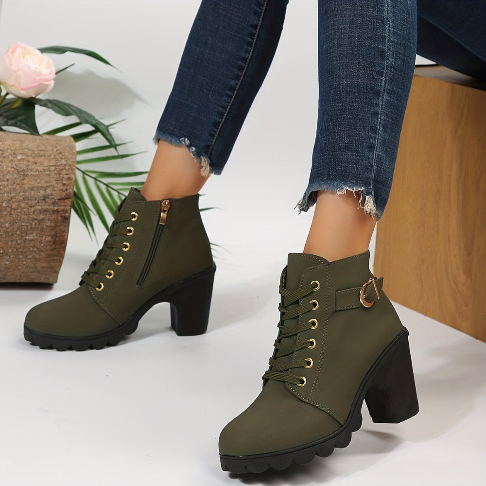 Damen Stiefeletten mit Blockabsatz, Schnürung, lässige Booties