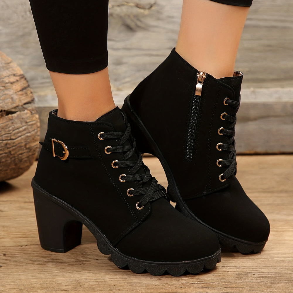 Damen Stiefeletten mit Blockabsatz, Schnürung, lässige Booties