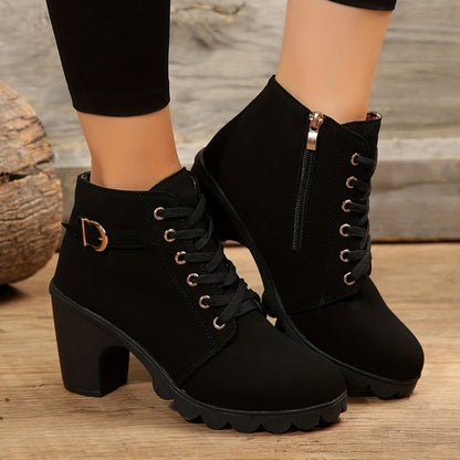 Damen Stiefeletten mit Blockabsatz, Schnürung, lässige Booties