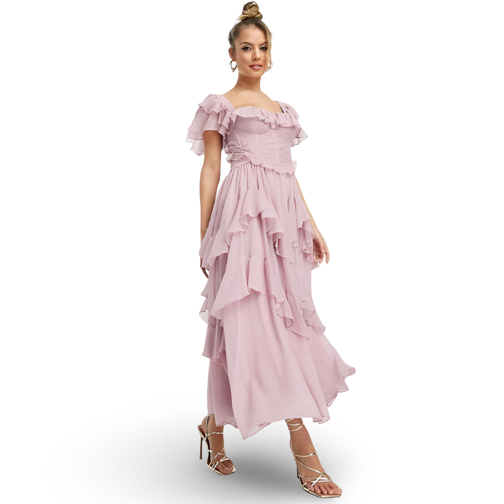 Vestido Maxi de Festa com Folhos e Ombros Descobertos para Mulher