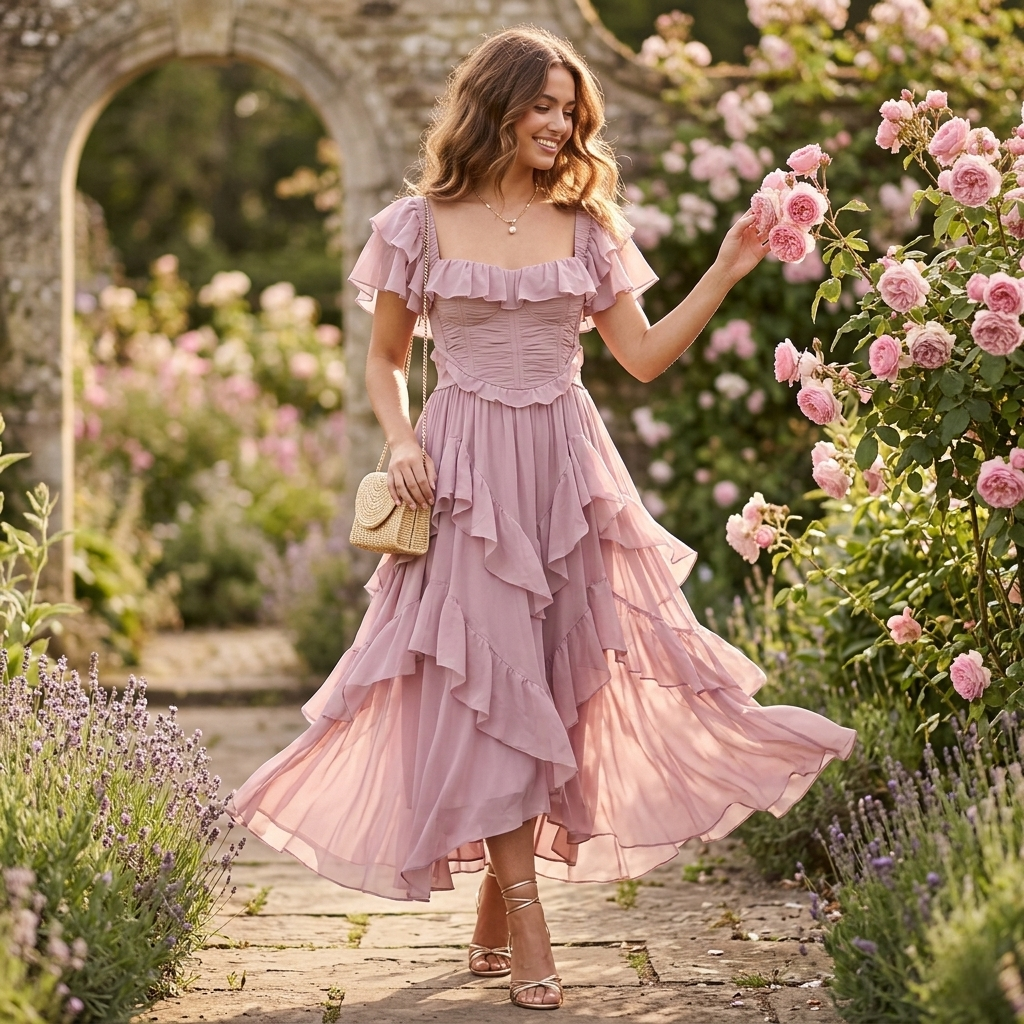 Vestido Maxi de Festa com Folhos e Ombros Descobertos para Mulher