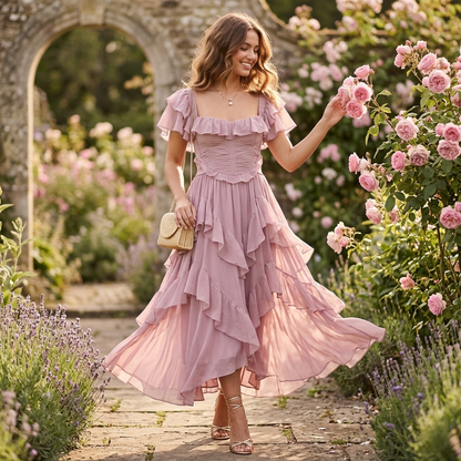 Vestido Maxi de Festa com Folhos e Ombros Descobertos para Mulher
