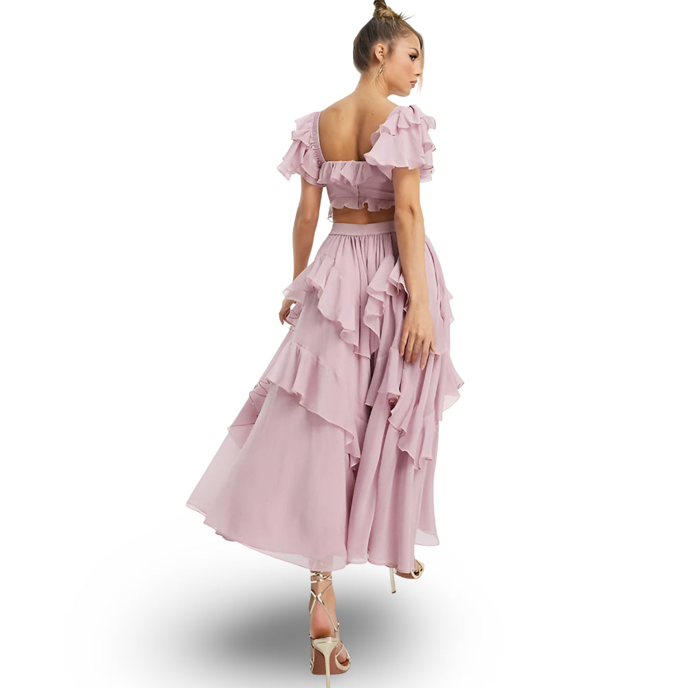 Vestido Maxi de Festa com Folhos e Ombros Descobertos para Mulher