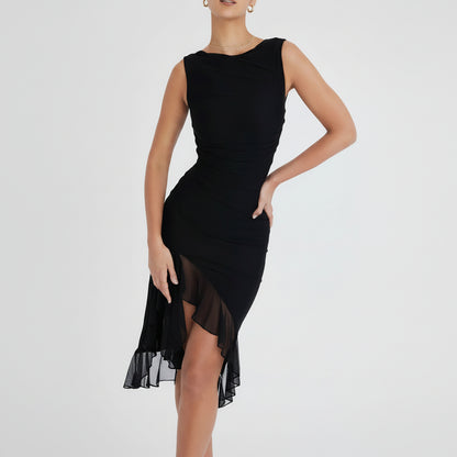 Damenkleider Cocktailkleid gerafftes Midi Kleid mit schulterfreiem Ausschnitt
