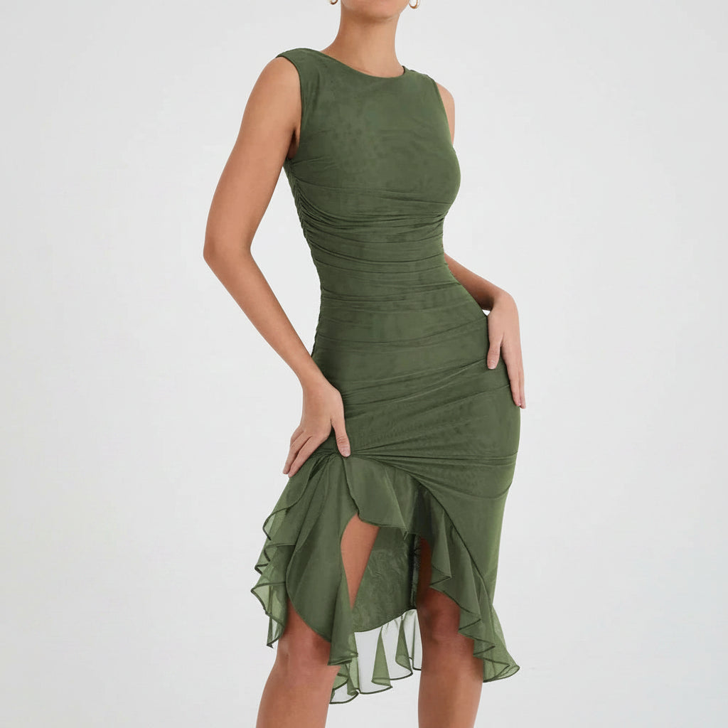 Damenkleider Cocktailkleid gerafftes Midi Kleid mit schulterfreiem Ausschnitt