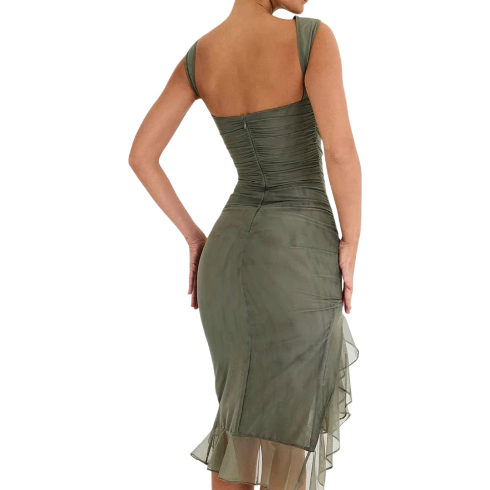 Damenkleider Cocktailkleid gerafftes Midi Kleid mit schulterfreiem Ausschnitt
