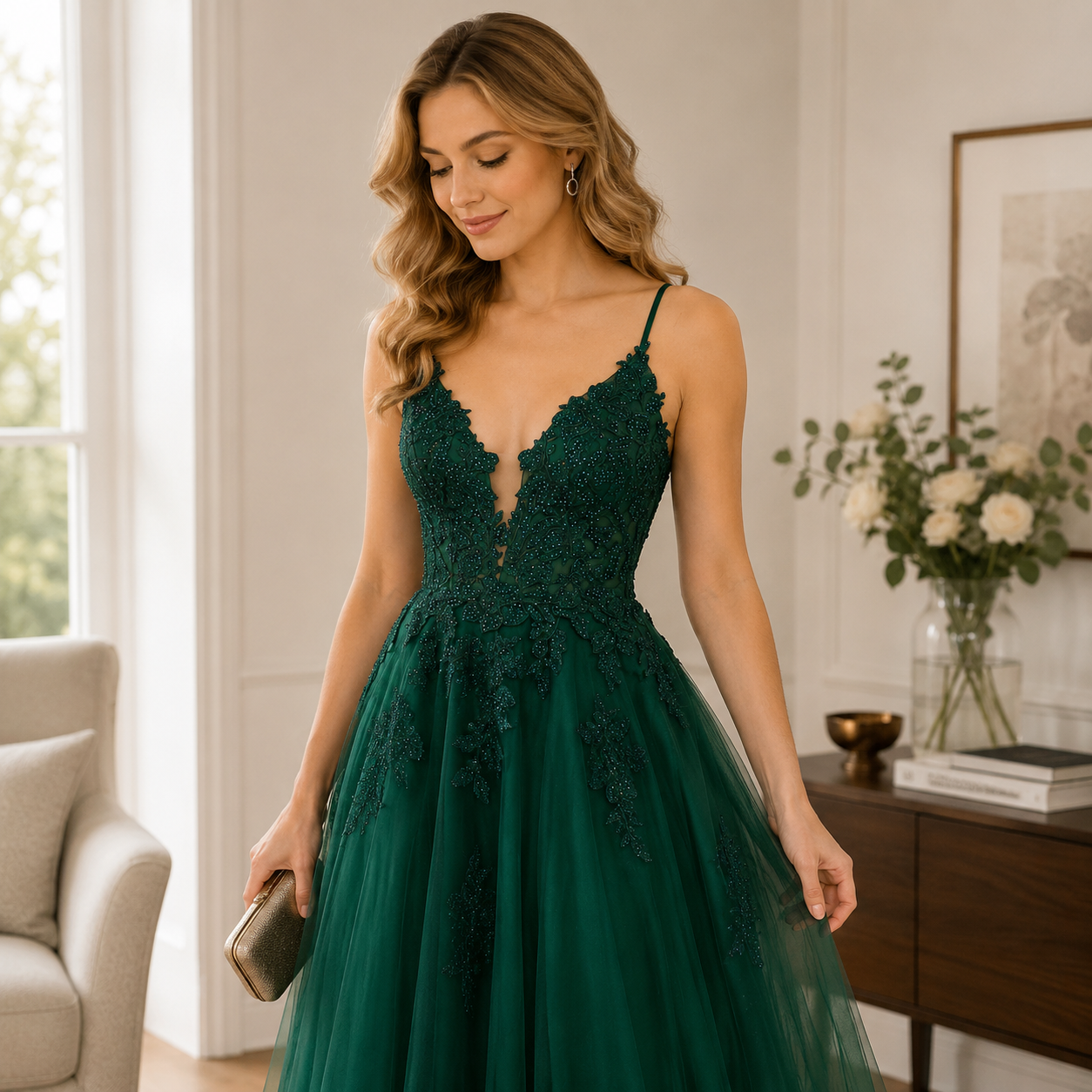 Vestido de Festa Feminino com Renda e Amarração, Vestido Formal de Noite