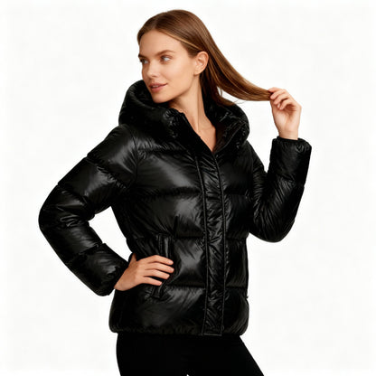 Women's Quilted Jacket Lightweight Hooded with Pockets Black 2