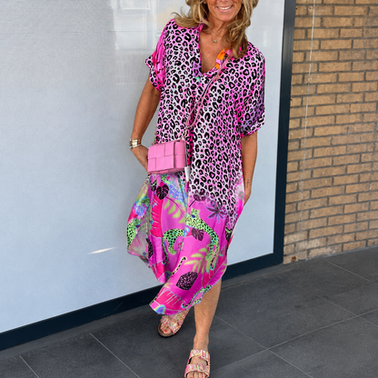 Damen Sommerkleid mit Leopardenmuster und V-Ausschnitt | Strandkleid