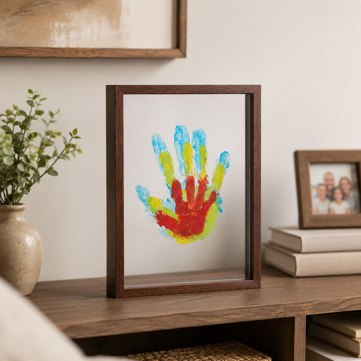 Holzrahmen Andenken Familien-Handabdruck-Darstellung