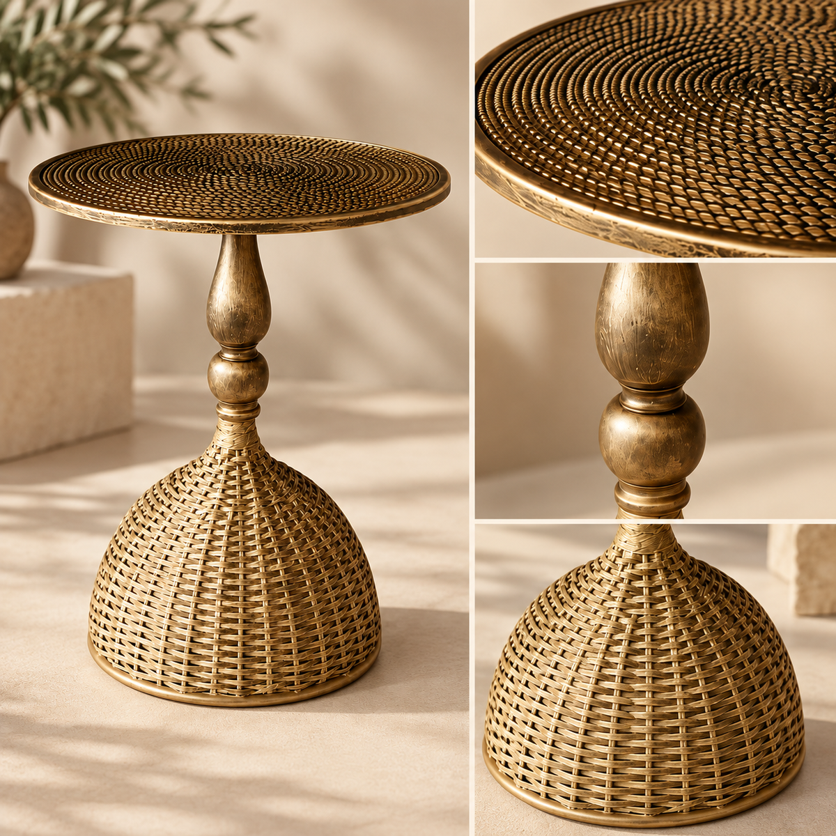 Mesa auxiliar em metal entrançado, elemento decorativo, redonda, com padrão vazado