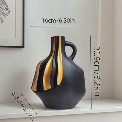 Vază Ceramică Modernă | Neagră și Albă cu Accente Aurii – Decorațiune de Lux pentru Masă și Semineu