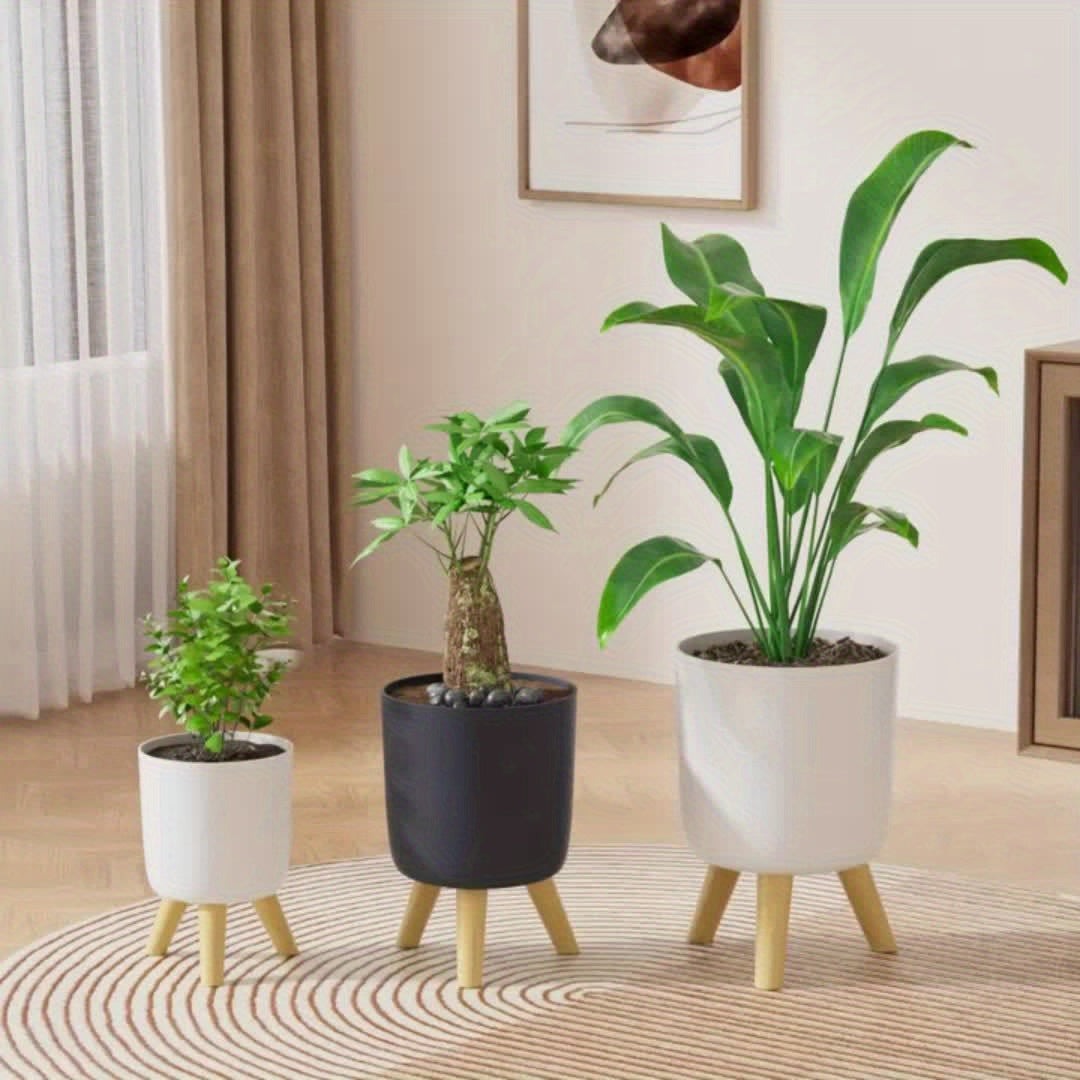 Modern Round Planter with Wooden Legs | Indoor & Outdoor Decorative Plant Pot