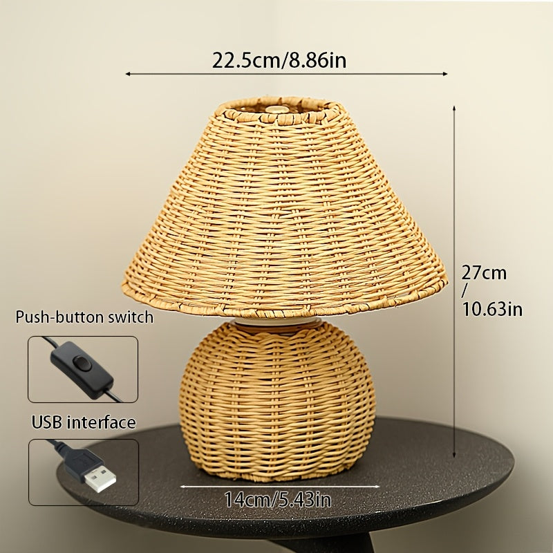Lampă de birou din bambus împletit | Lumină de accent boho alimentată prin USB