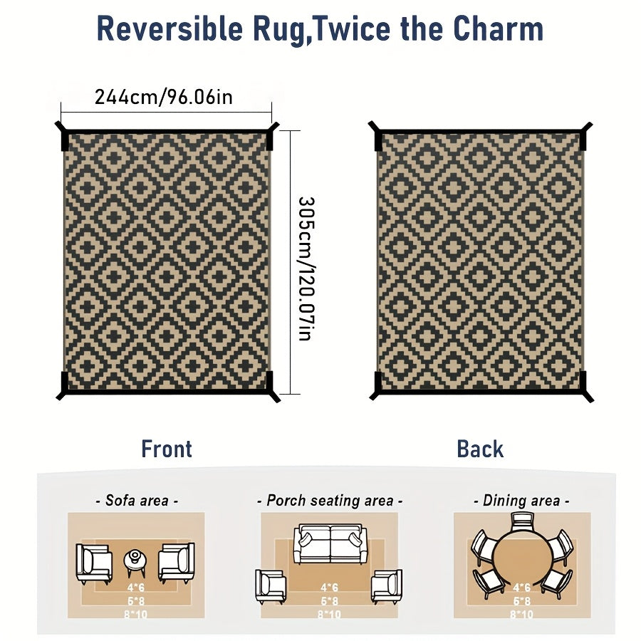 Reversible Outdoor Rug | Beige & Black Geometric Patio Mat