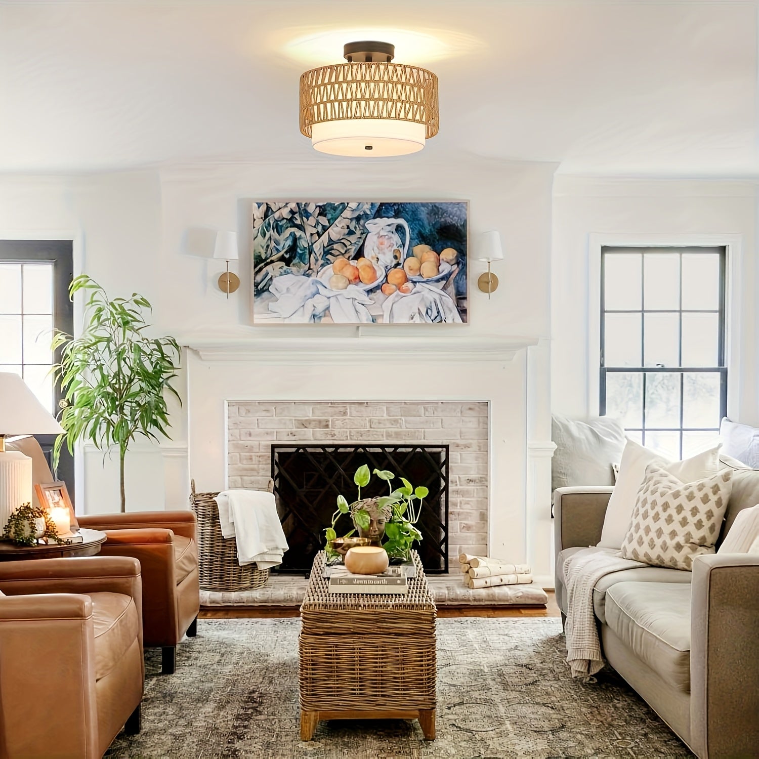 Boho Rattan Ceiling Light | Semi-Flush Mount with Linen Shade