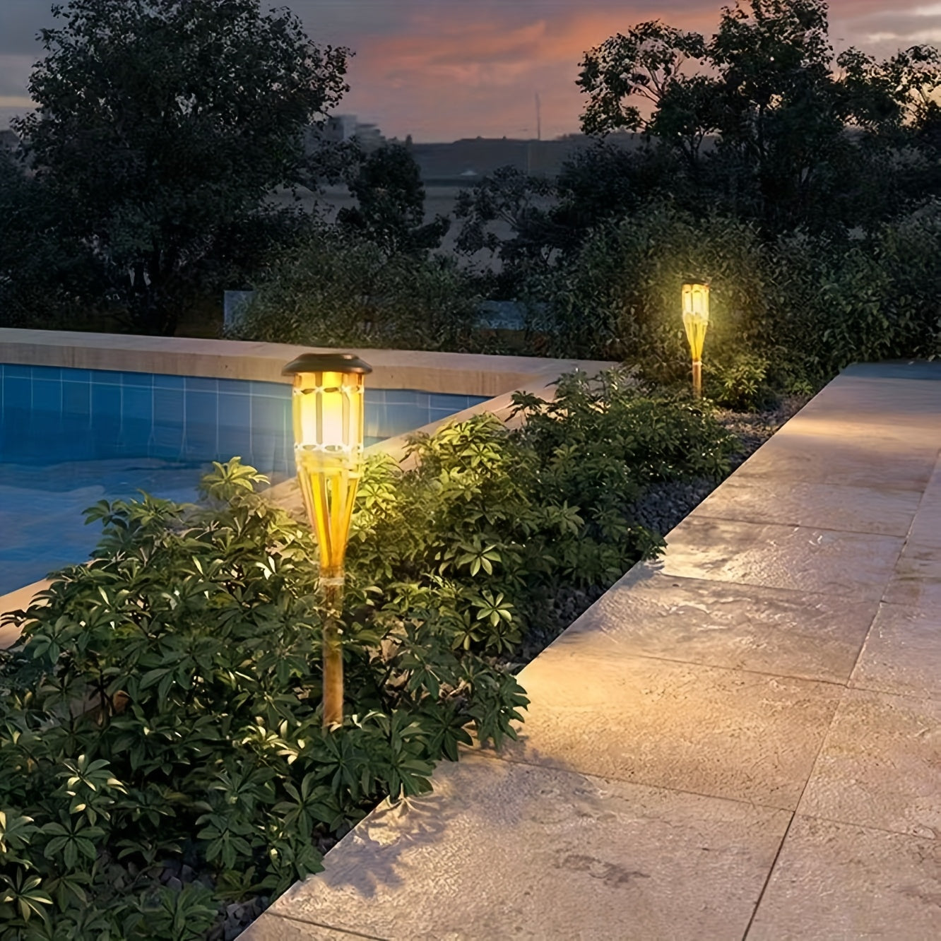 Solar Bamboo Flame Lights (2-Pack) | 12-LED Outdoor Solar Garden Lanterns