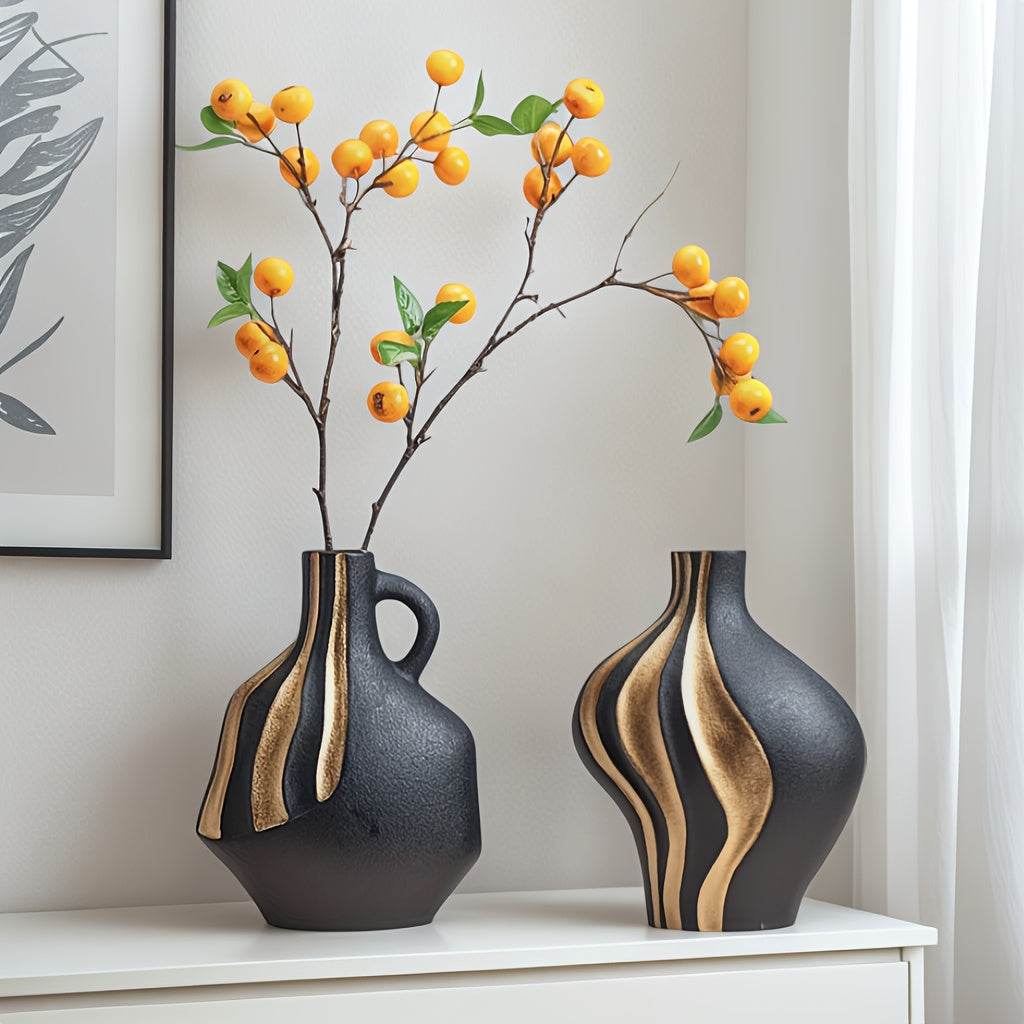 Vază Ceramică Modernă | Neagră și Albă cu Accente Aurii – Decorațiune de Lux pentru Masă și Semineu