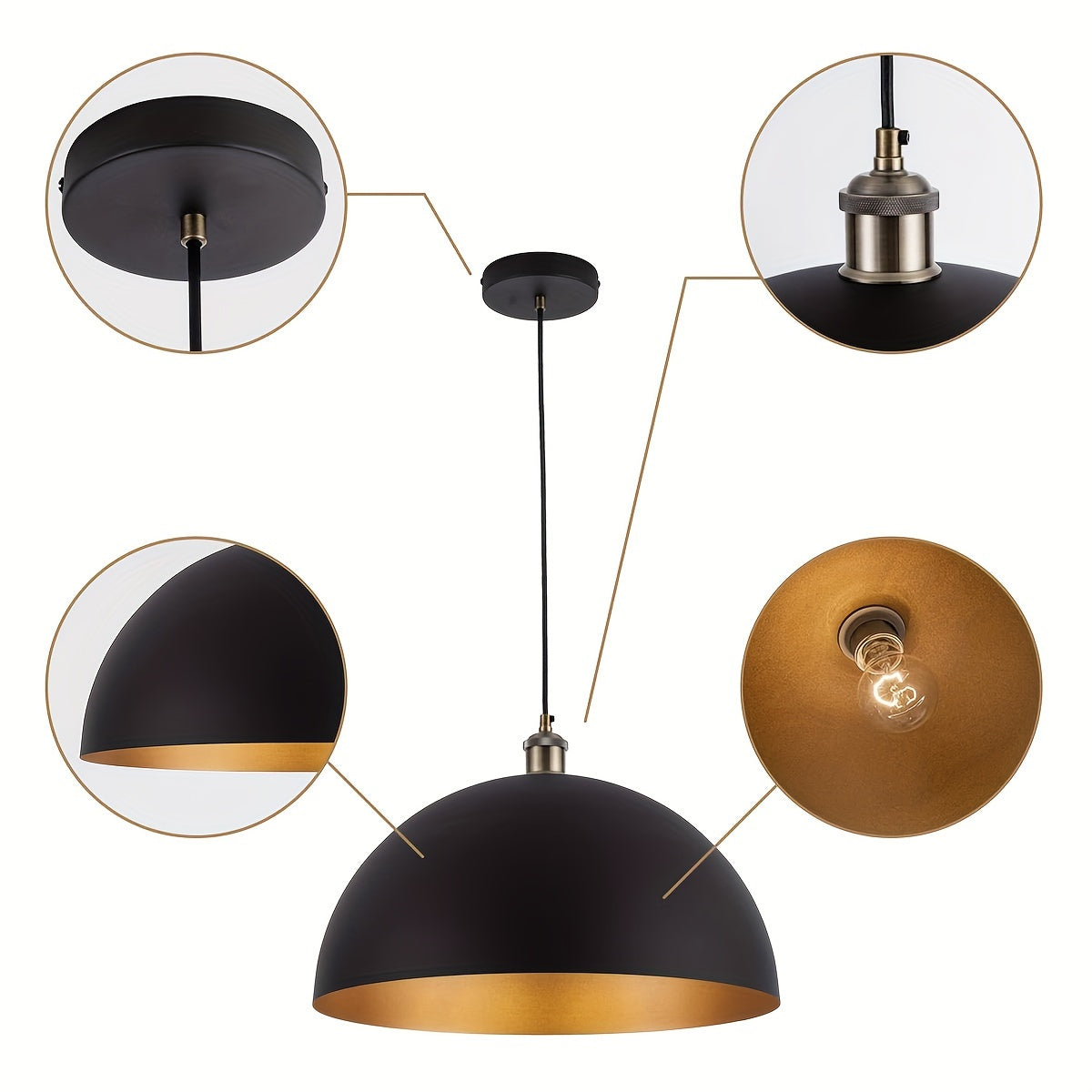 Candeeiro Suspenso Vintage Industrial com Cúpula | Abajur de Ferro Preto e Dourado