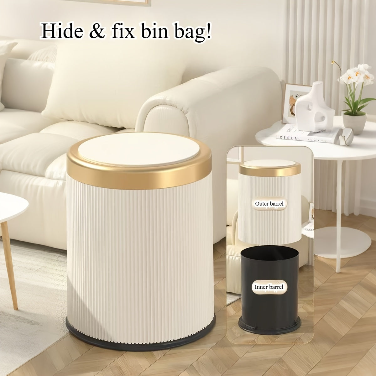 Luxury Oval Trash Can | Press-Top Waste Bin with Dual Inner Bucket