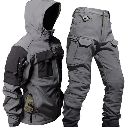 Giacca e pantaloni tattici da uomo per esterni, robusti, con molte tasche e cappuccio