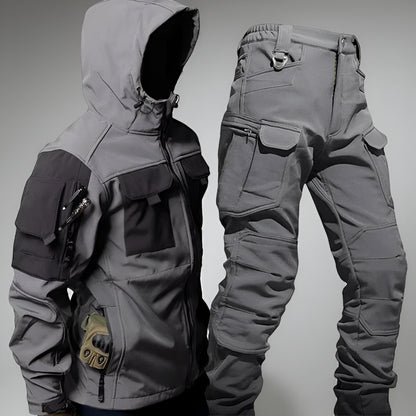 Giacca e pantaloni tattici da uomo per esterni, robusti, con molte tasche e cappuccio