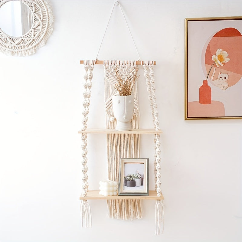 Prateleira de Parede Boho em Macramé | Estante Suspensa de 2 Níveis