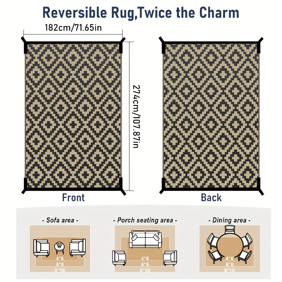 Reversible Outdoor Rug | Beige & Black Geometric Patio Mat