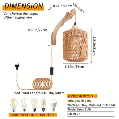 Boho Holz- und Rattan-Wandlampe | Handgewebte Steckerleuchte