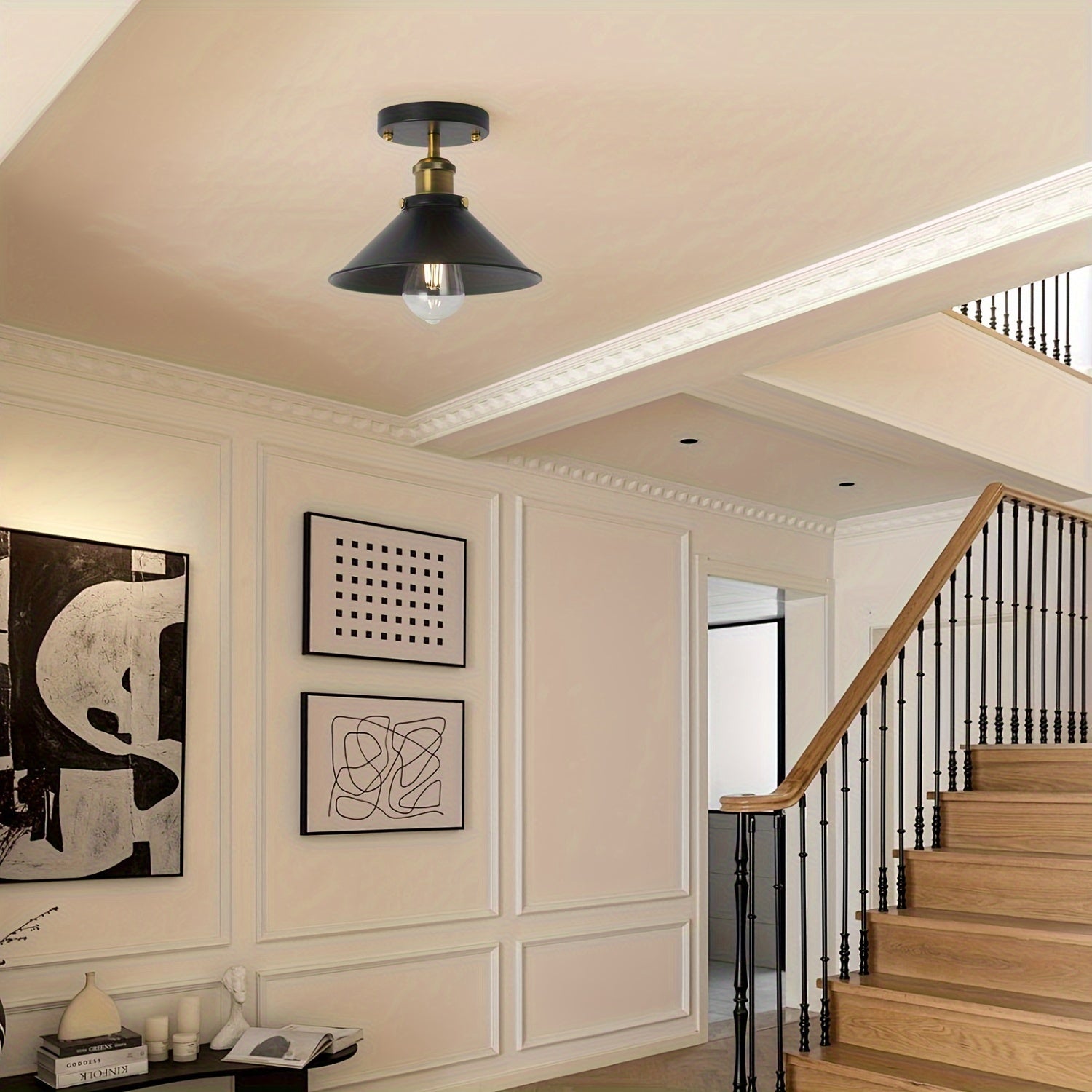 Industrial Black Semi Flush Mount Ceiling Light | Vintage Metal Pendant Fixture